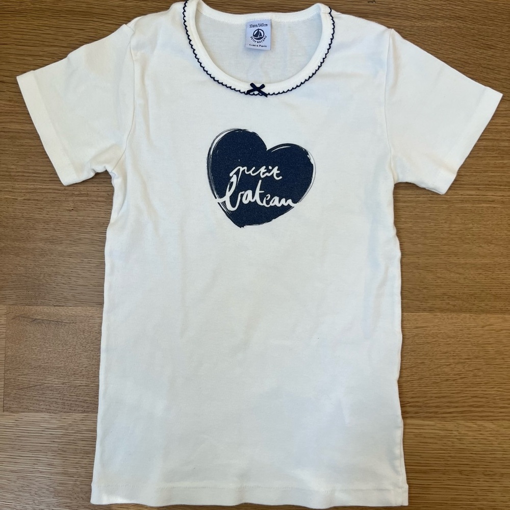 Petit Bateau Girls White Short Sleeve T-Shirt With Blue Heart Size 10 Years